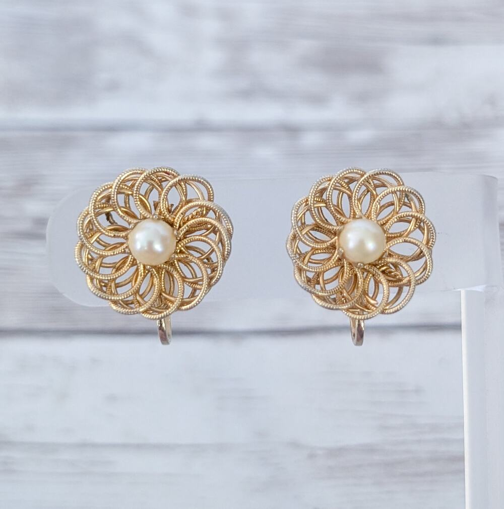 Vintage Clip On Earrings Faux Pearl with Gold Tone Spiral Halo 0.75"